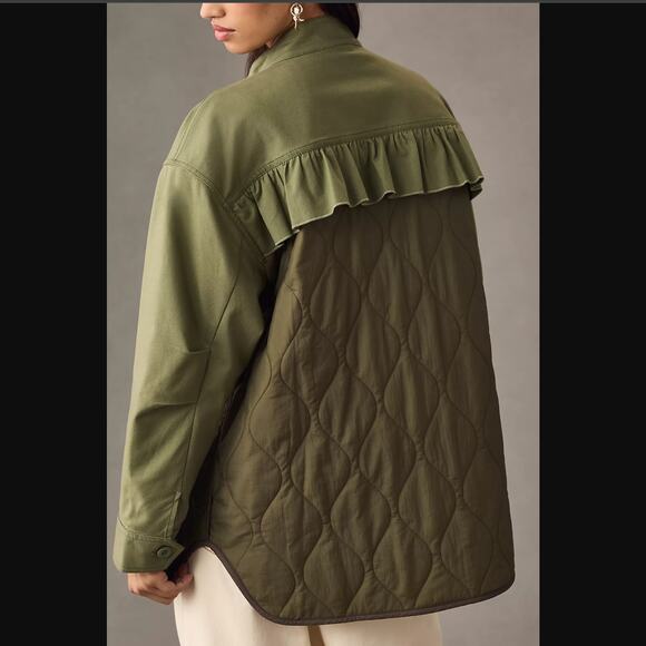 NWT Anthropologie Green Quilted Ruffled Shacket - Small - Picture 3 of 6
